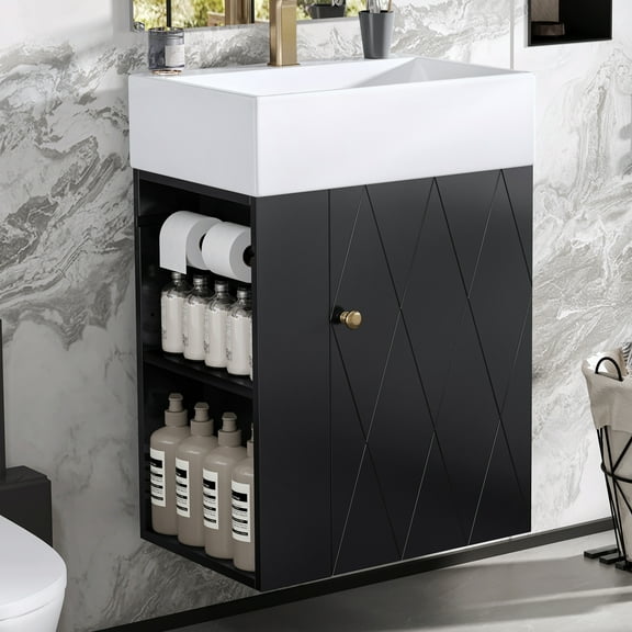 Euroco 20 Inch Bathroom Vanity with Ceramic Sink, Diamond Pattern Door Design, Gold Handle & Side Storage Shelves – Modern Small Space Cabinet with Towel Bar, MDF Construction, Assembly Required