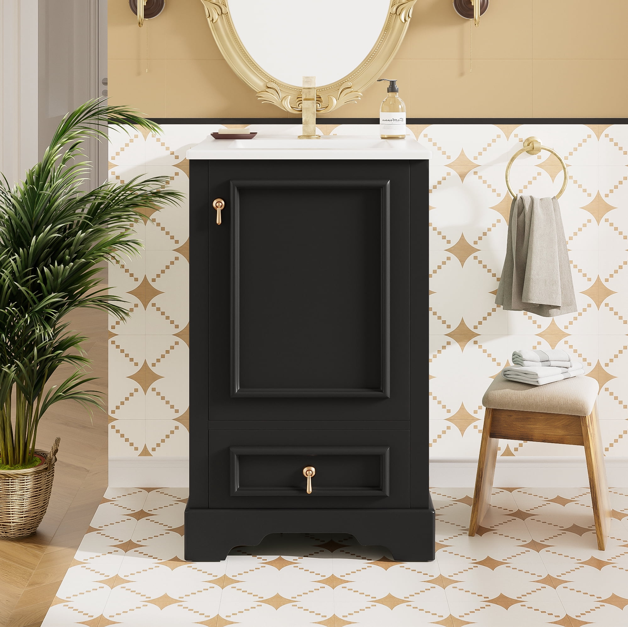 Euroco 20 Inch Bathroom Vanity with Ceramic Sink, Soft Close Door, Adjustable U-Shaped Shelf, Compartment Drawer and Door Storage Rack, Modern Style, Space-Saving Design