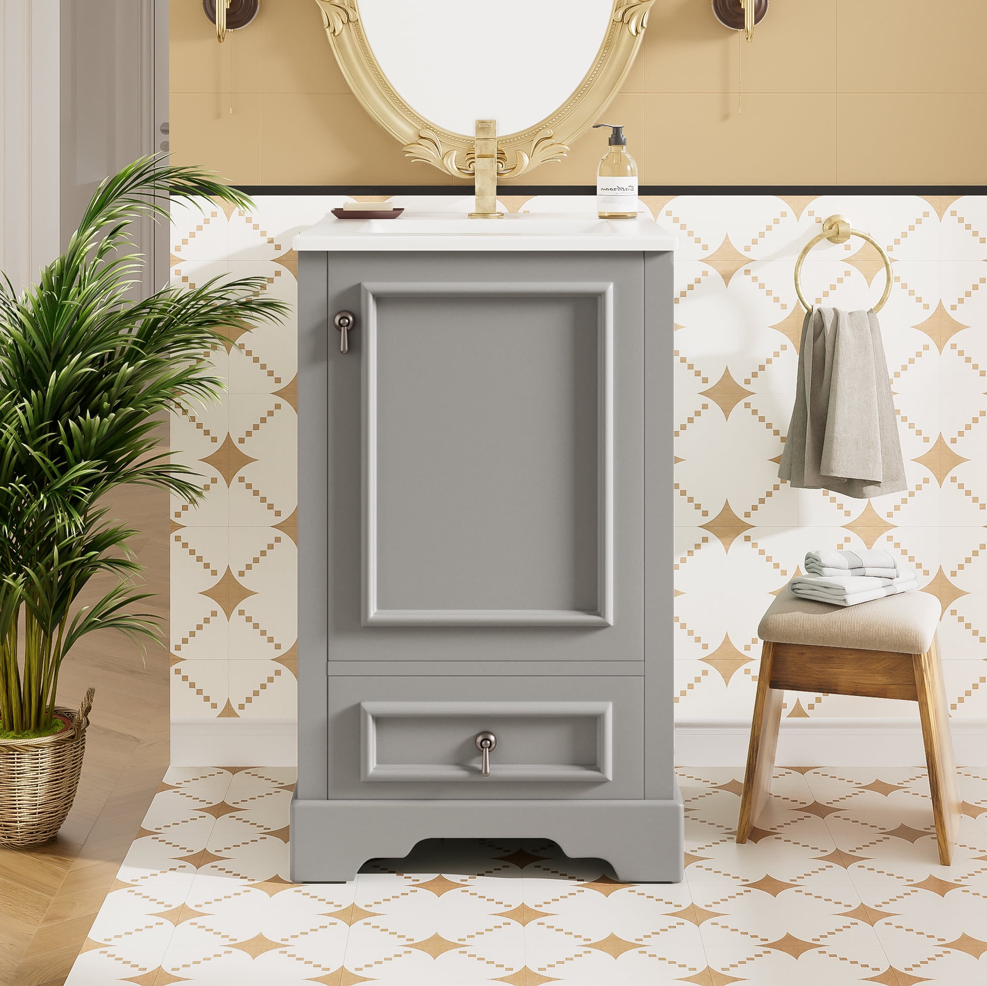 Euroco 20 Inch Bathroom Vanity with Ceramic Sink, Soft Close Door, Adjustable U-Shaped Shelf, Compartment Drawer and Door Storage Rack, Modern Style, Space-Saving Design