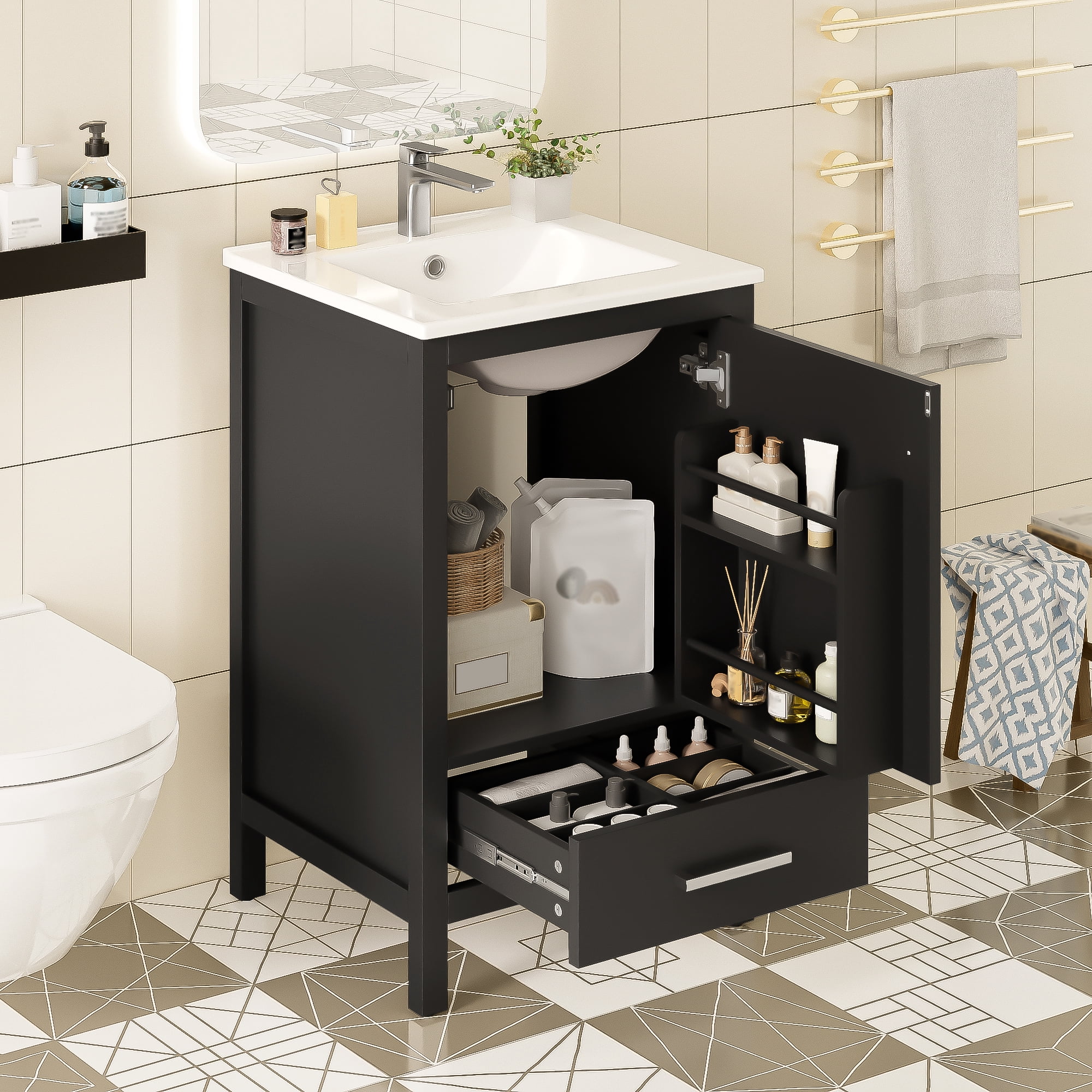 Euroco 20-Inch Modern Bathroom Vanity with Ceramic Sink, Soft-Close Drawer & Door, Double-Layer Door Organizer, Divider Drawer, Adjustable Foot Pads