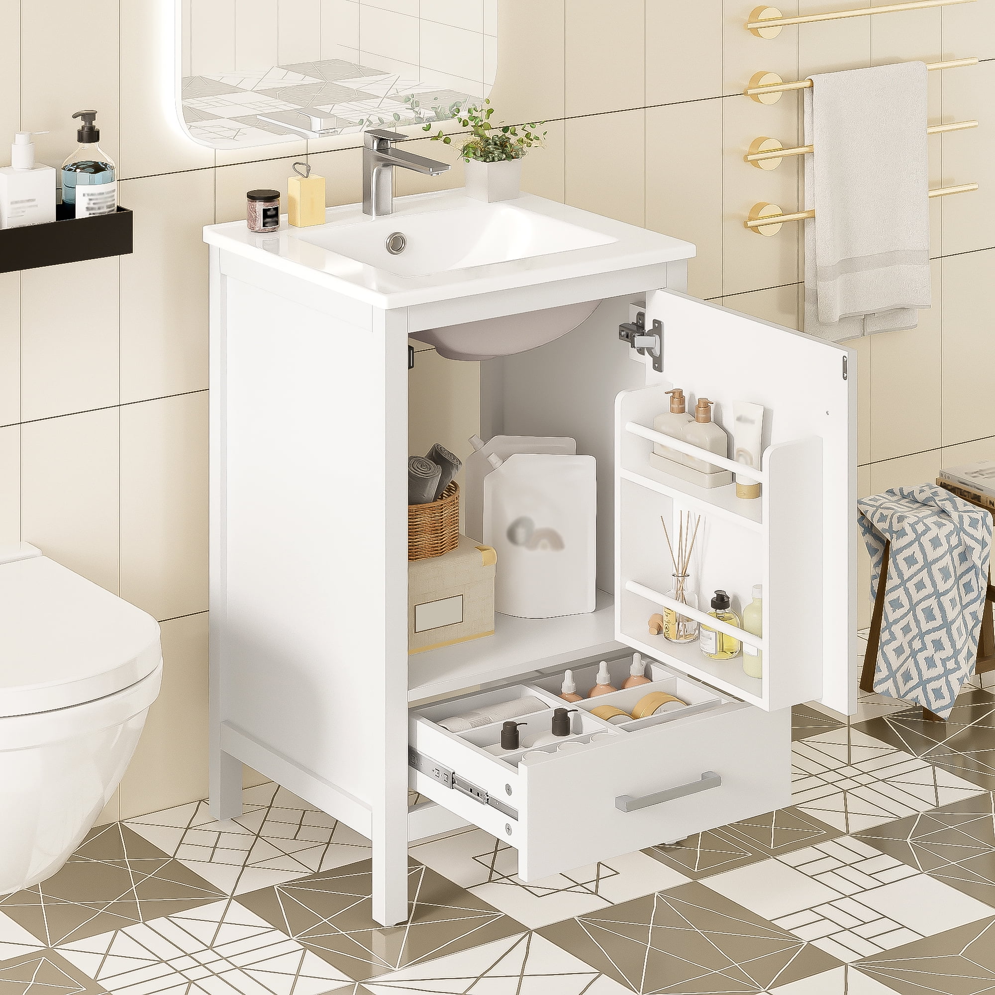 Euroco 20-Inch Modern Bathroom Vanity with Ceramic Sink, Soft-Close Drawer & Door, Double-Layer Door Organizer, Divider Drawer, Adjustable Foot Pads