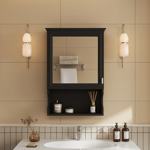 Euroco 20'' Wall Mounted Bathroom Storage Cabinet with Mirror, Wall Mounted Home Storage with Door, Mirrored Wall Medicine Cabinet