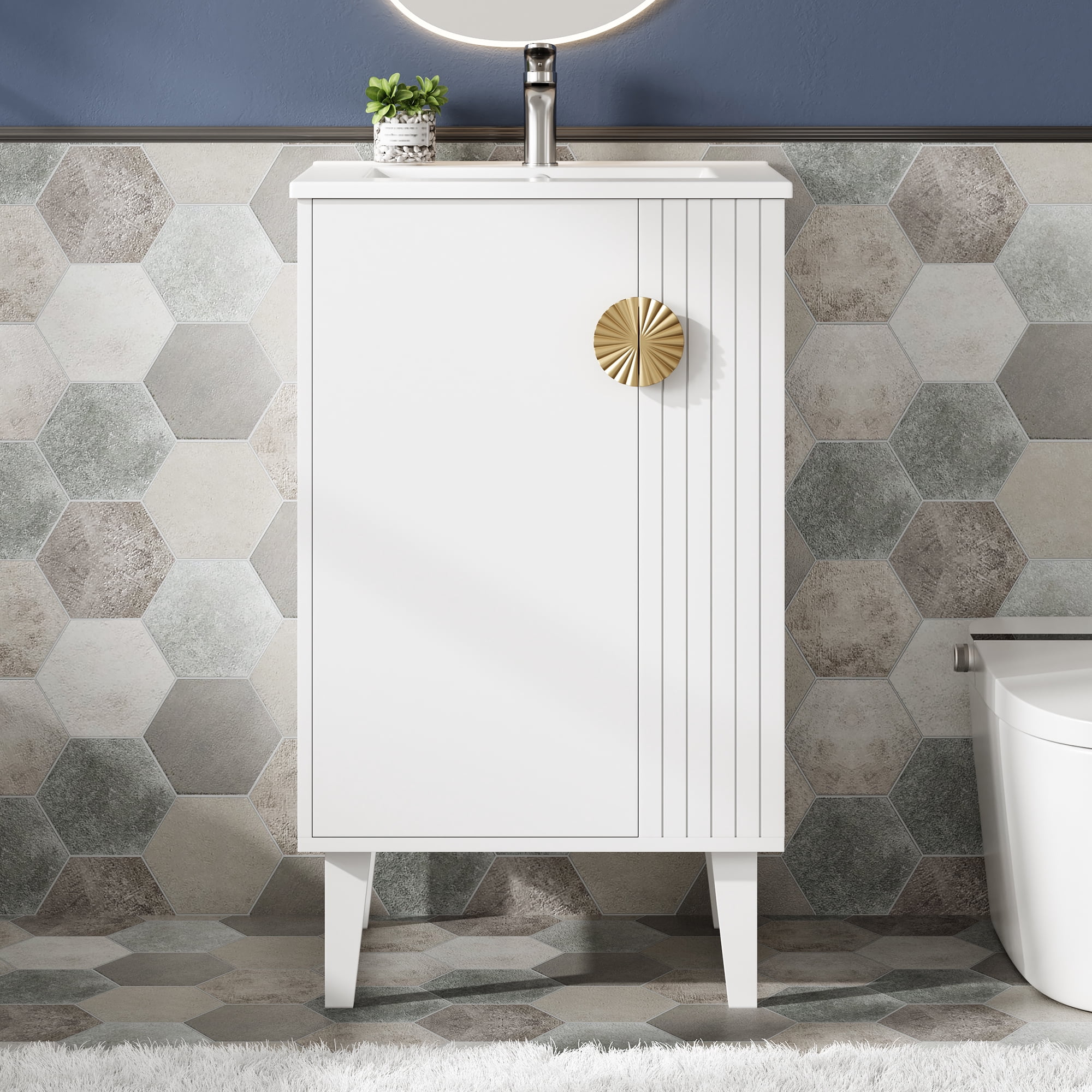 Euroco 20-inch Bathroom Vanity with Ceramic Sink, Freestanding Single Vanity Set with Soft Closing Door, Chic Half-Moon Pulls, French Style, White