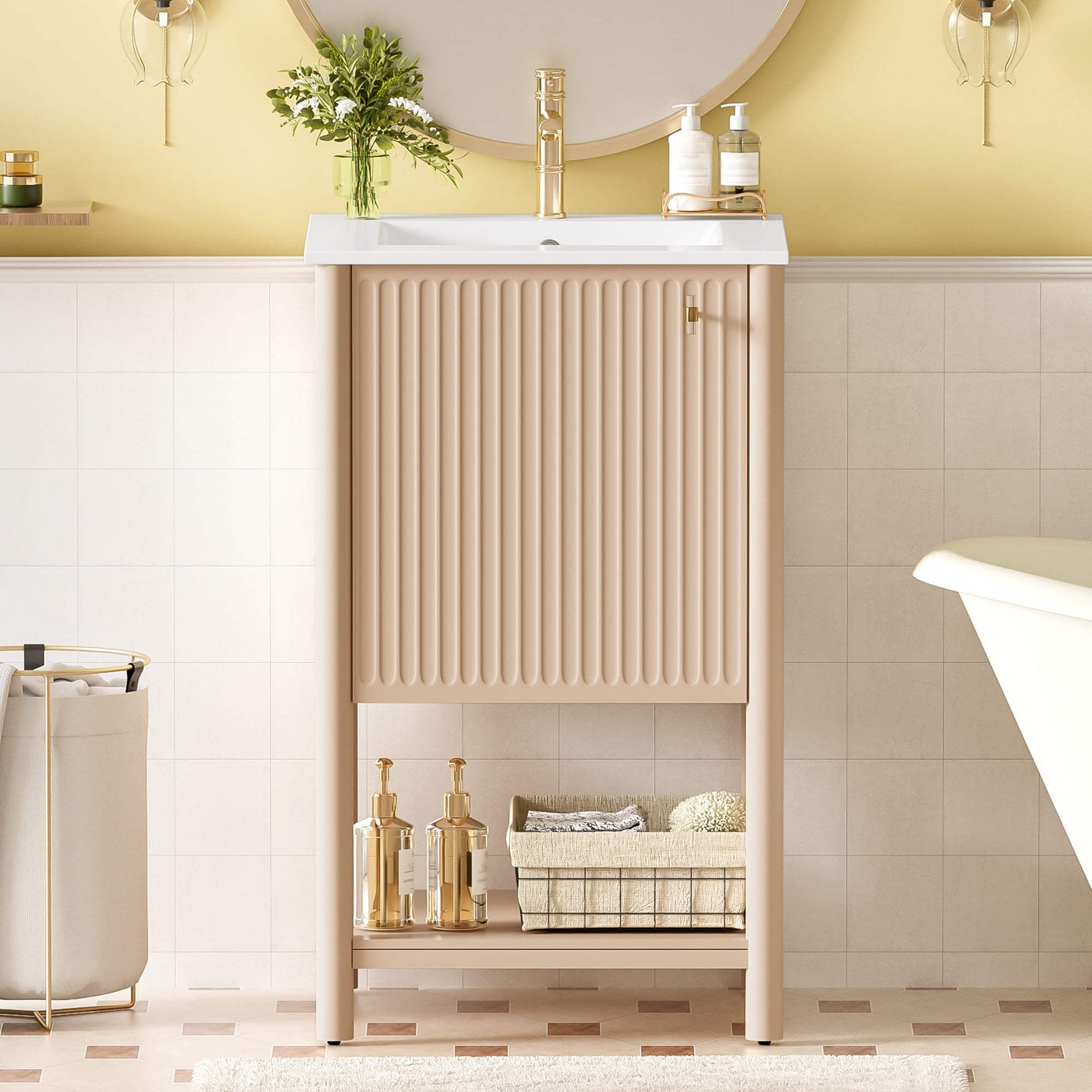 Euroco 20-inch Bathroom Vanity with Ceramic Sink, Freestanding Single Vanity Set with Soft Closing Door, French Style.