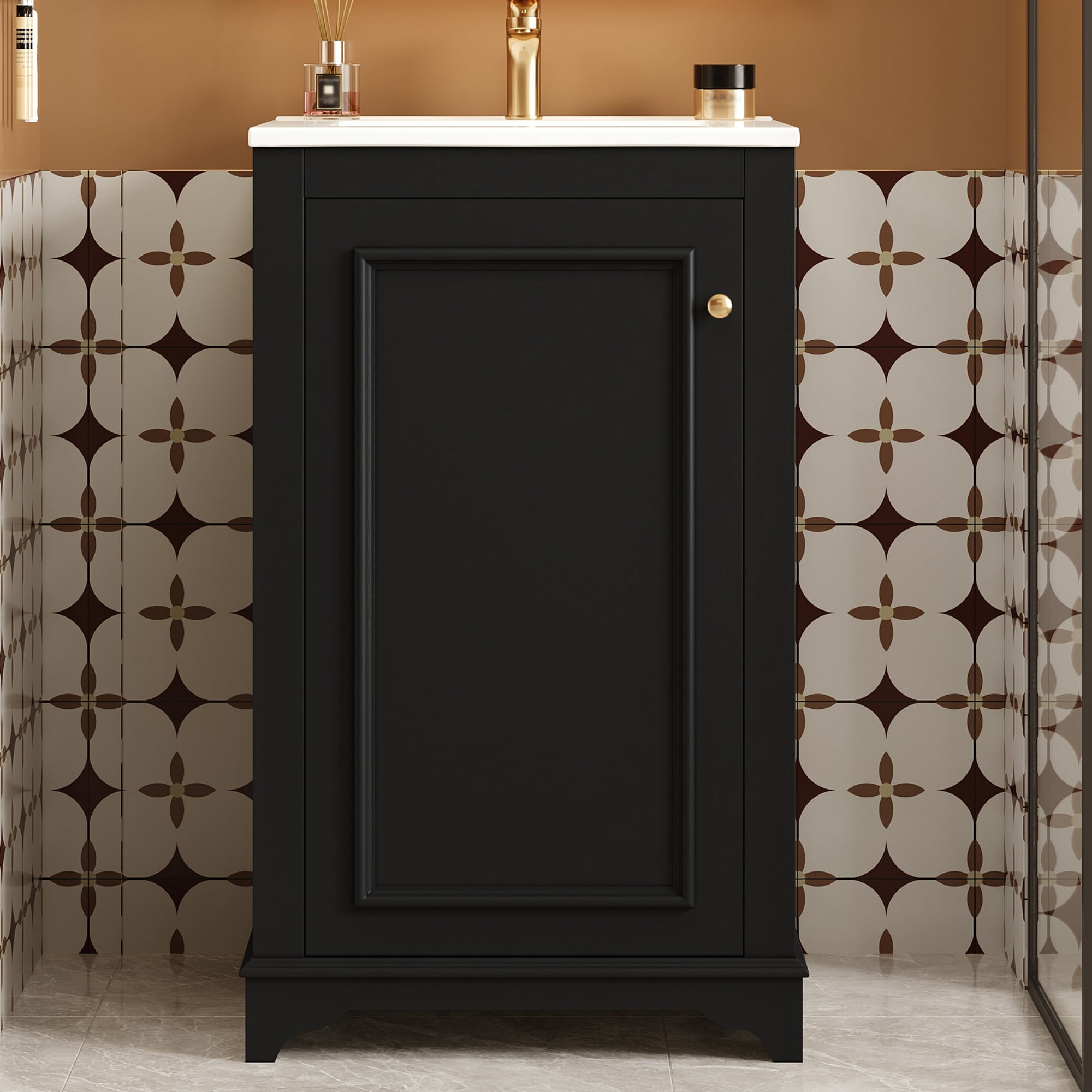 Euroco 20-inch Bathroom Vanity with Ceramic Sink, Freetanding Single Vanity Set with Soft Closing Door, adjustable shelf, Modern Style, Black.