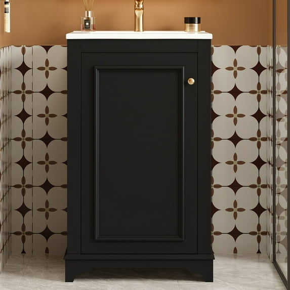 Euroco 20-inch Bathroom Vanity with Ceramic Sink, Freetanding Single Vanity Set with Soft Closing Door, adjustable shelf, Modern Style, Black.