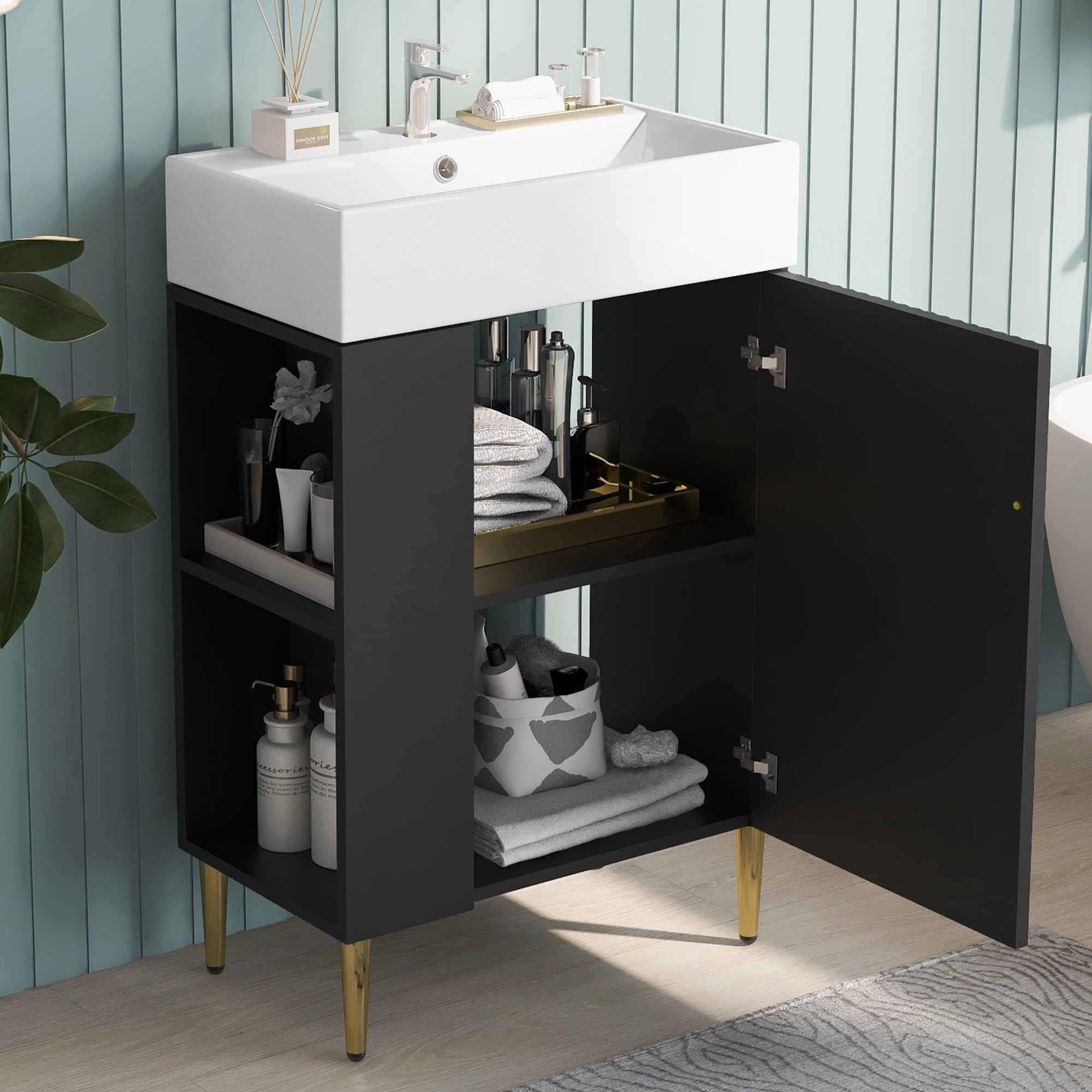 Euroco 21.6" Black Bathroom vanity, Combo Cabinet, Bathroom Storage Cabinet, Single Ceramic Sink, Left side storage