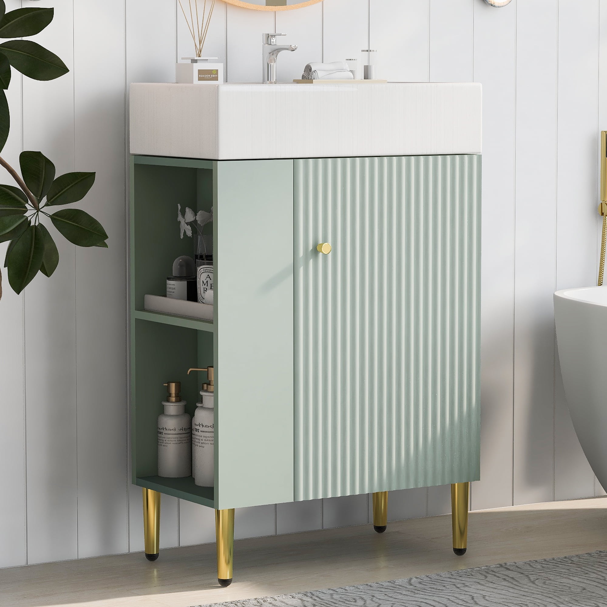 Euroco 21.6" Green Bathroom vanity, Combo Cabinet, Bathroom Storage Cabinet, Single Ceramic Sink, Left side storage