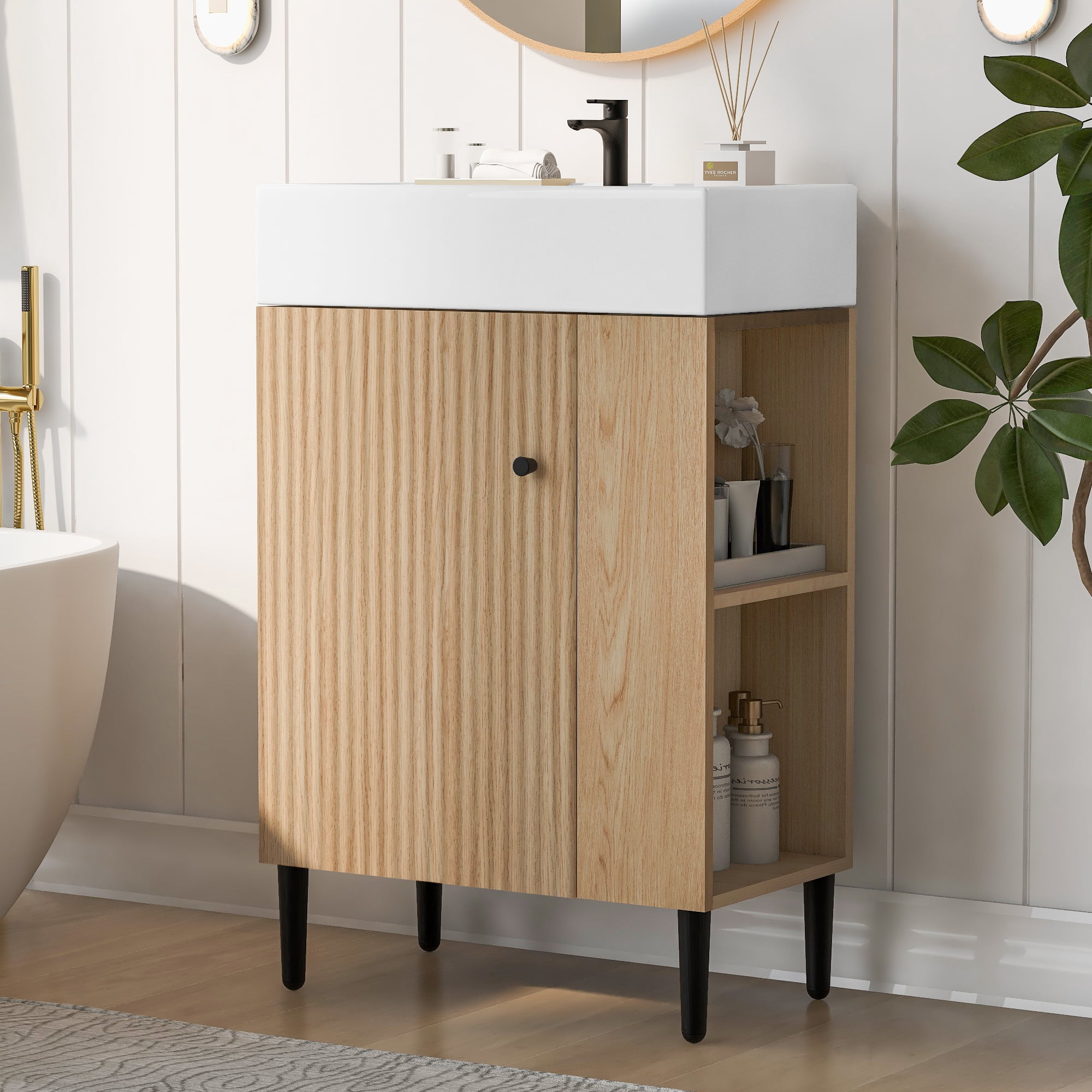 Euroco 21.6" Wood Bathroom vanity, Combo Cabinet, Bathroom Storage Cabinet, Single Ceramic Sink, Right side storage