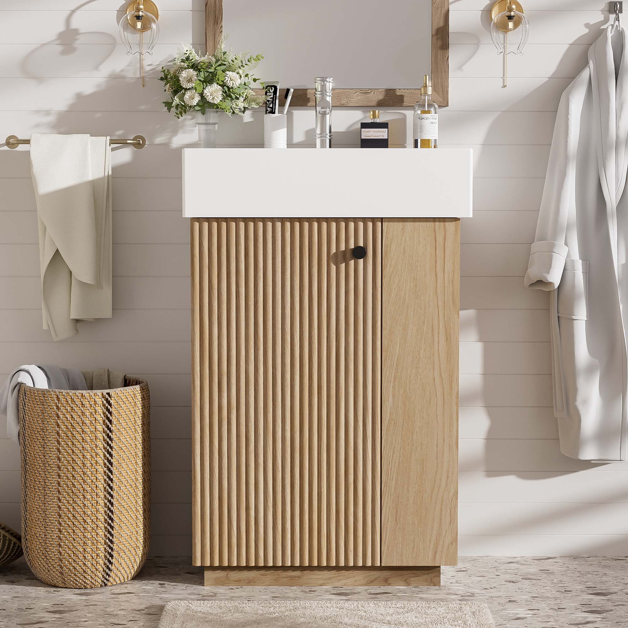 Euroco 21.6" bathroom vanity with ceramic sink, freestanding modern left door wood grain cabinet with open and closed storage for small bathrooms