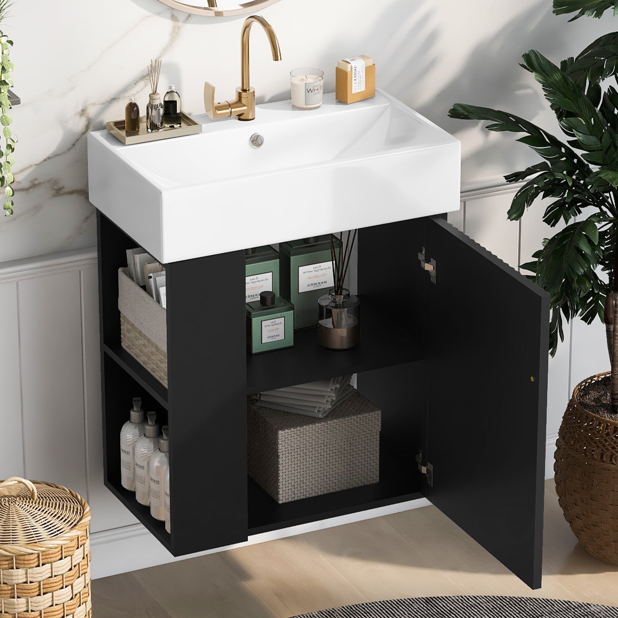 Euroco 21.6 inch Modern Floating Bathroom Vanity with Ceramic Basin - Perfect for Small Bathrooms, Left side storage