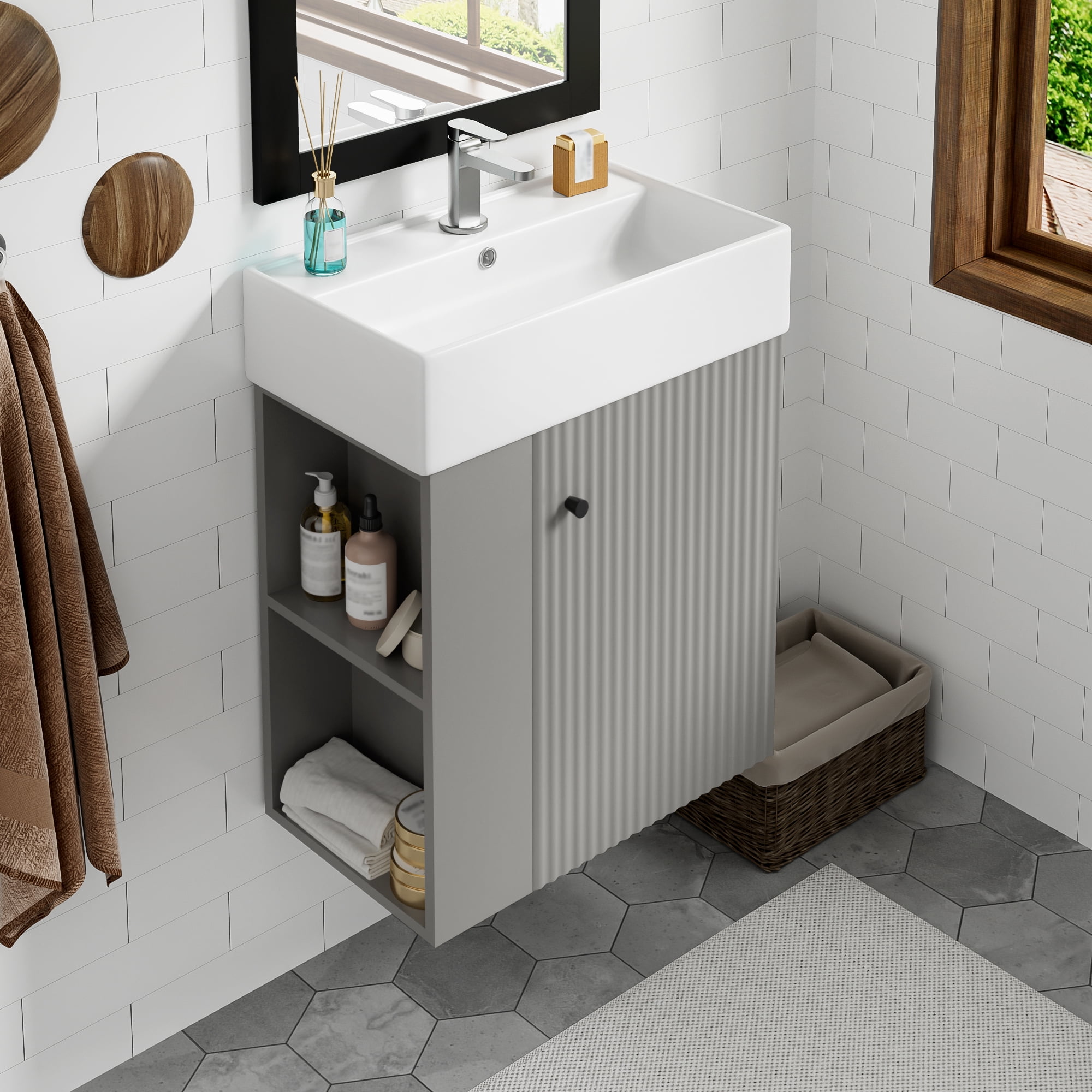 Euroco 21.6 inch Modern Floating Bathroom Vanity with Ceramic Basin - Perfect for Small Bathrooms, Left side storage