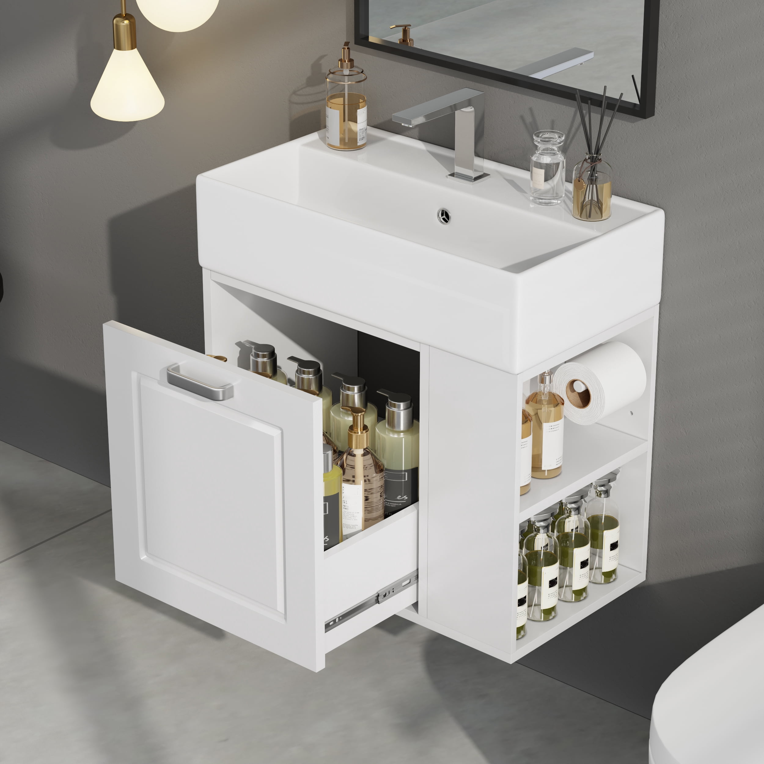 Euroco 21.8-Inch Wall-Mounted Floating Bathroom Vanity with Ceramic Sink, Soft-Close Drawer, Adjustable Shelf & Toilet Paper Holder