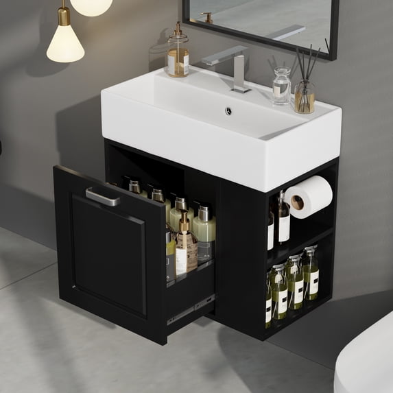 Euroco 21.8-Inch Wall-Mounted Floating Bathroom Vanity with Ceramic Sink, Soft-Close Drawer, Adjustable Shelf & Toilet Paper Holder
