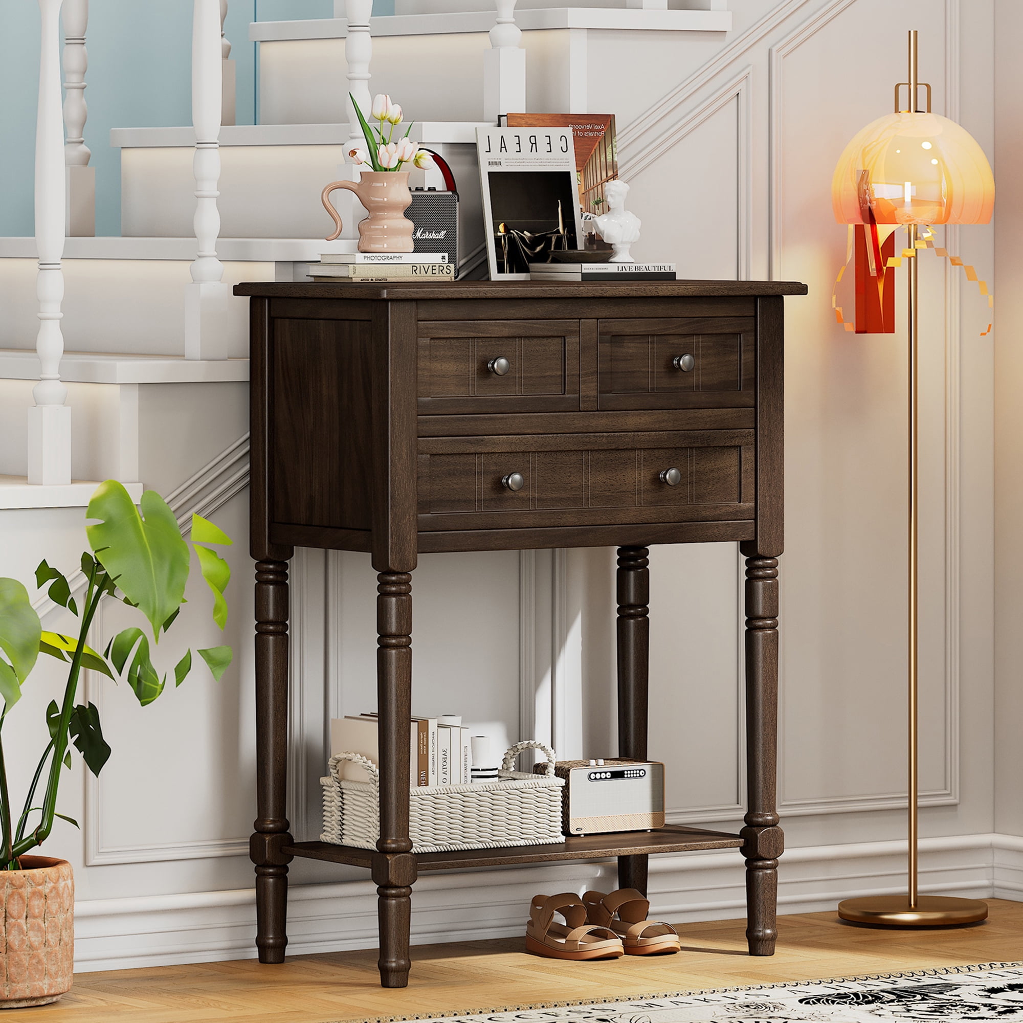 Euroco 23.7" Farmhouse Console Table with 3 Drawers, Narrow Sofa Table, Wood Entryway Table with Bottom Shelf for Living Room, Foyer,Brown