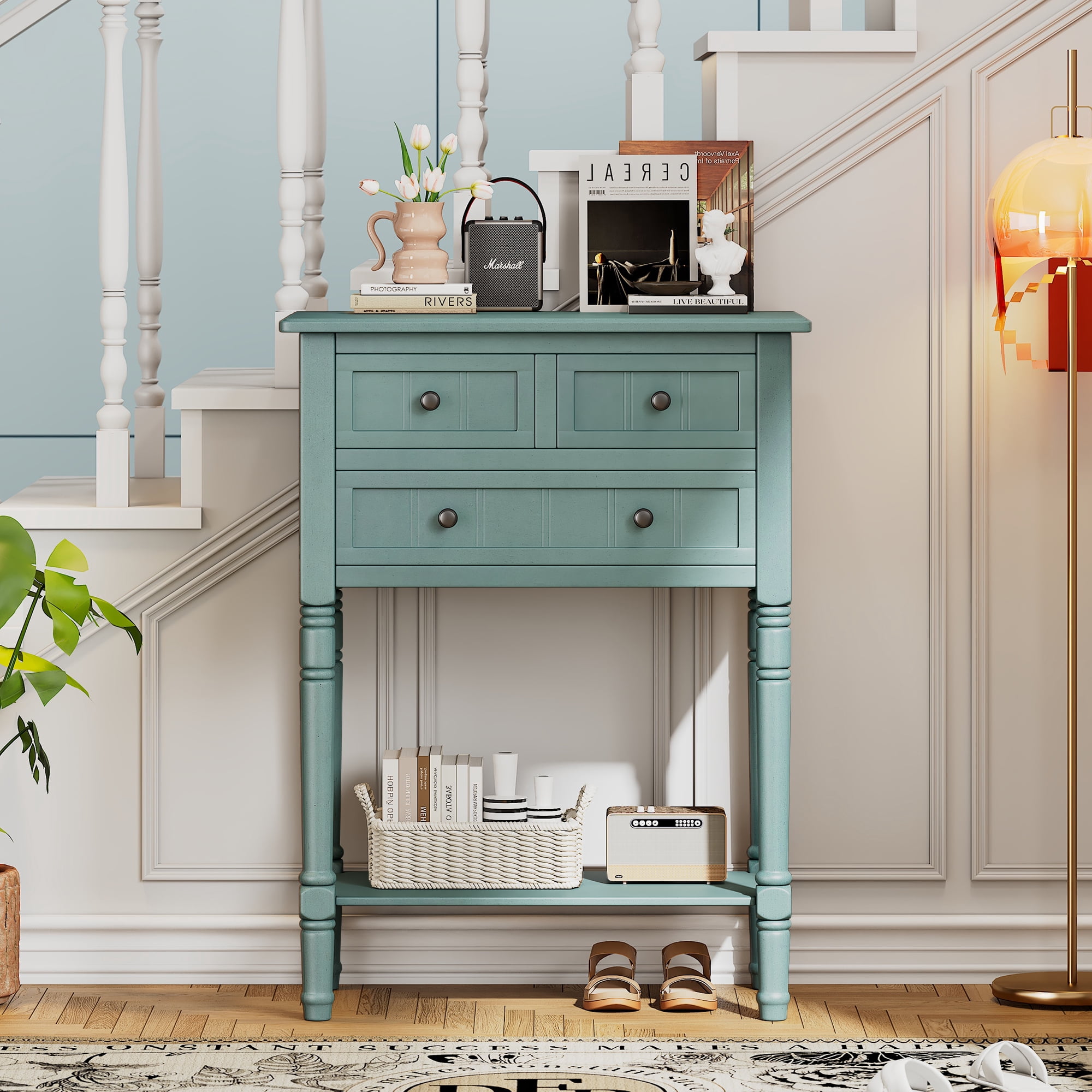 Euroco 23.7" Farmhouse Console Table with 3 Drawers, Narrow Sofa Table, Wood Entryway Table with Bottom Shelf for Living Room, Foyer,Light Blue