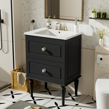 Euroco 24'' Bathroom Vanity Cabinet with Ceramic Sink Combo Set, Solid Wood Frame Modern Bathroom Storage Cabinet with 2 Drawers