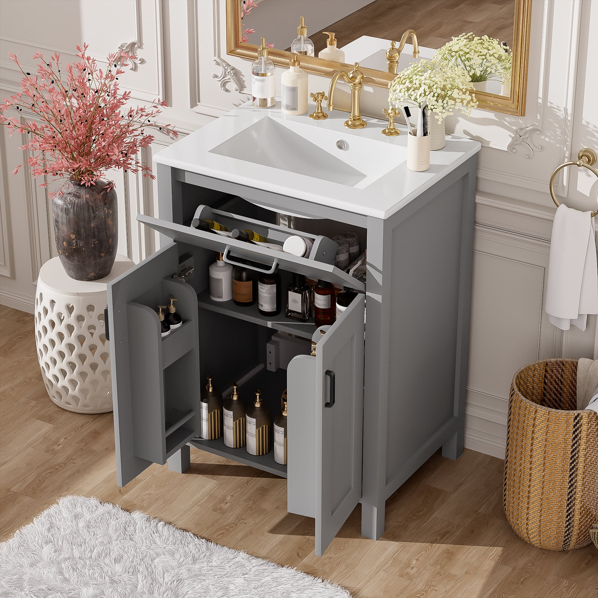 Euroco 24"Bathroom Vanity Combo with Ceramic sink, Luxurious Space-Saving Vanity - W24"*D18"*H34"inch, 2 Soft Close Doors