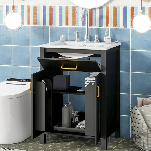 Euroco 24"Bathroom Vanity Combo with Ceramic sink, Luxurious Space-Saving Vanity - W24"*D18"*H34"inch, 2 Soft Close Doors