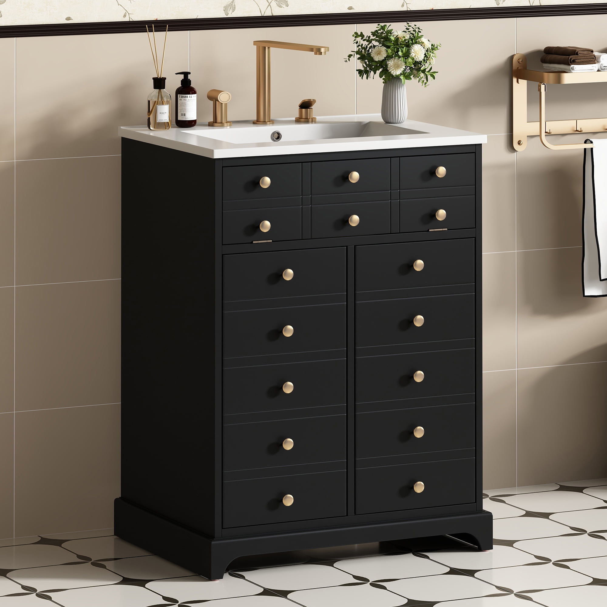 Euroco 24" Bathroom Vanity with a Drawer & Two Soft-Closing Doors, Painted Modern Bathroom Storage Cabinet with Ceramic Sink, Stylish Single Sink Cabinet for Small Spaces