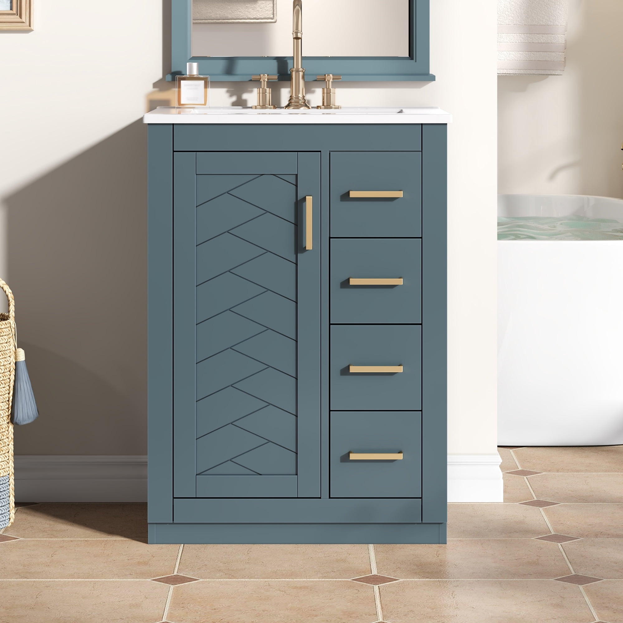 Euroco 24" Bathroom Vanity with Integrated Ceramic Sink, Bathroom Cabinet with 1 Door, 3 Drawers, Single Sink Bathroom Vanity for Small and Medium Restroom, Blue