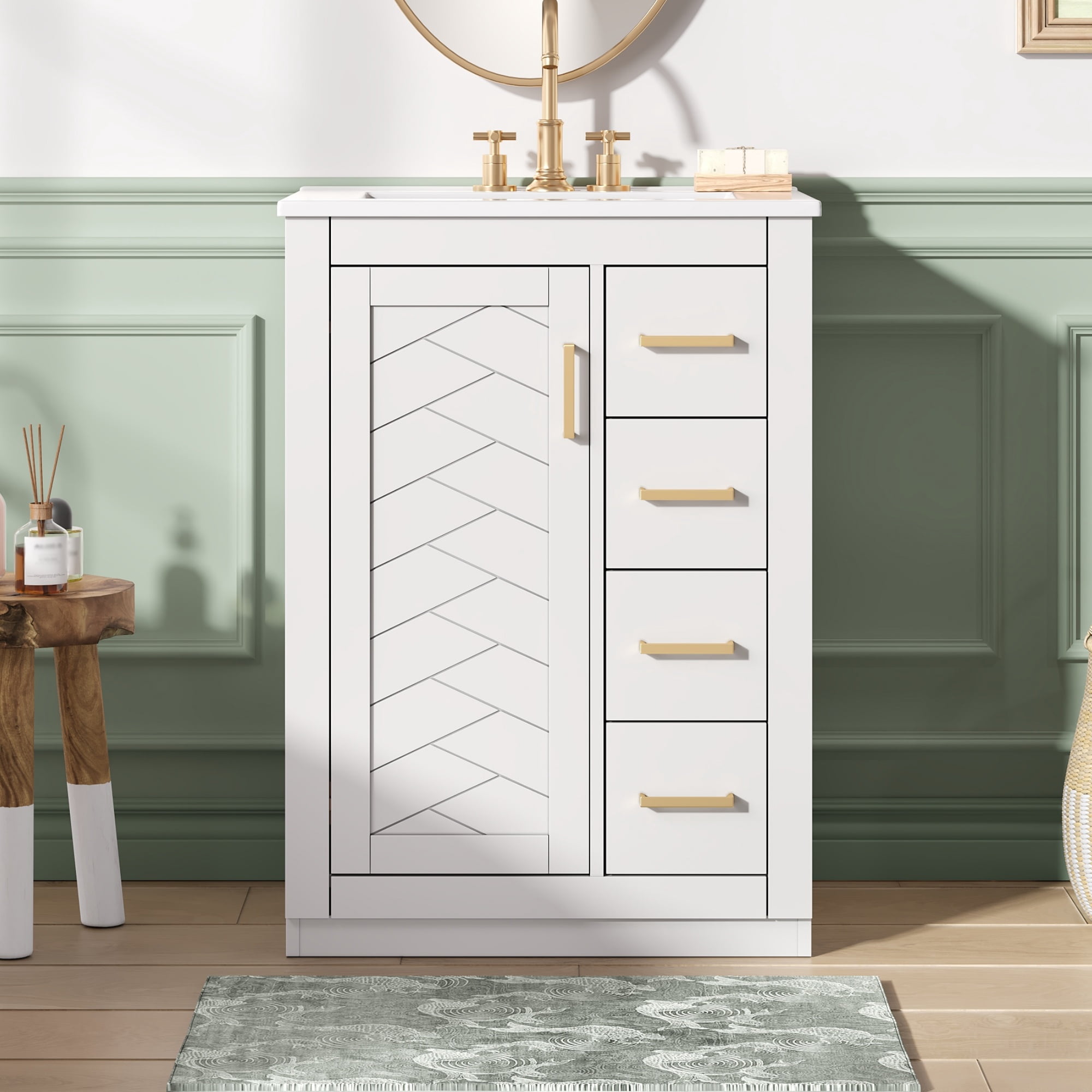 Euroco 24" Bathroom Vanity with Integrated Ceramic Sink, Bathroom Cabinet with 1 Door, 3 Drawers, Single Sink Bathroom Vanity for Small and Medium Restroom, White