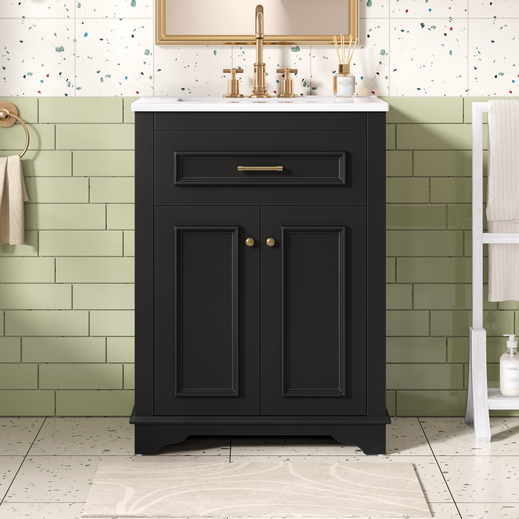 Euroco 24" Bathroom Vanity with Integrated Ceramic Sink, Bathroom Cabinet with 2 Doors, 1 Tip-Out Drawer, Single Sink Bathroom Vanity for Small and Medium Restroom, Black