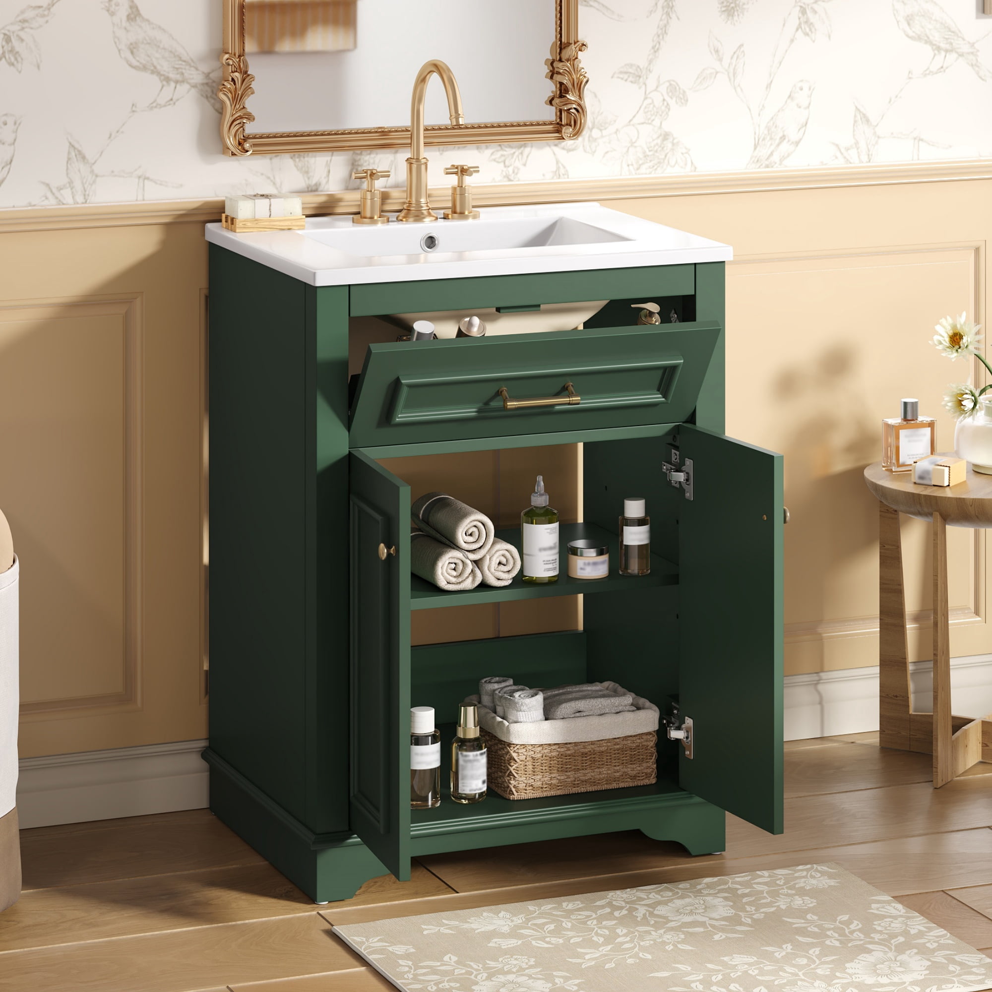 Euroco 24" Bathroom Vanity with Integrated Ceramic Sink, Bathroom Cabinet with 2 Doors, 1 Tip-Out Drawer, Single Sink Bathroom Vanity for Small and Medium Restroom, Green