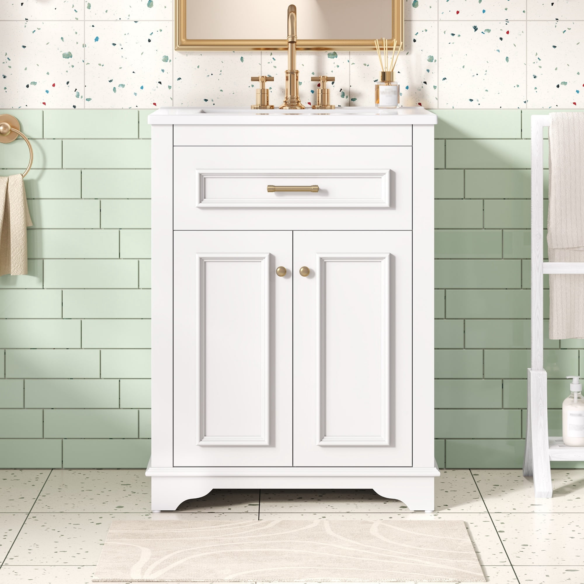 Euroco 24" Bathroom Vanity with Integrated Ceramic Sink, Bathroom Cabinet with 2 Doors, 1 Tip-Out Drawer, Single Sink Bathroom Vanity for Small and Medium Restroom, White