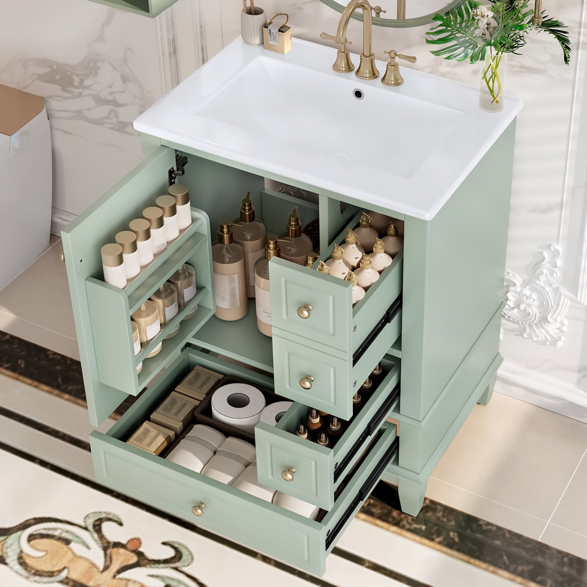 Euroco 24" Bathroom Vanity with Sink and Drawers, Green Freestanding Vanity Cabinet with Ceramic Top and Storage Shelves, MDF and Solid Wood Base, Modern Sink Cabinet