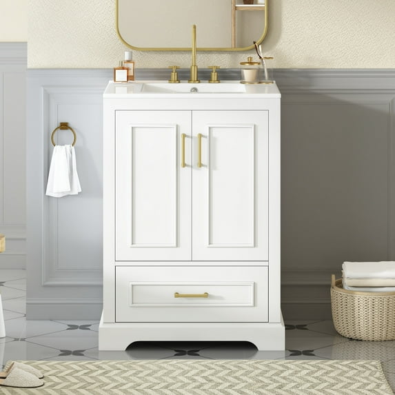 Euroco 24"Bathroom Vanity with Sink, MDF Cabinet with Solid Wood Frame, 1 Divided Drawer and 2 Soft Close Doors with Double Shelf on the Door, Freestanding Vanity