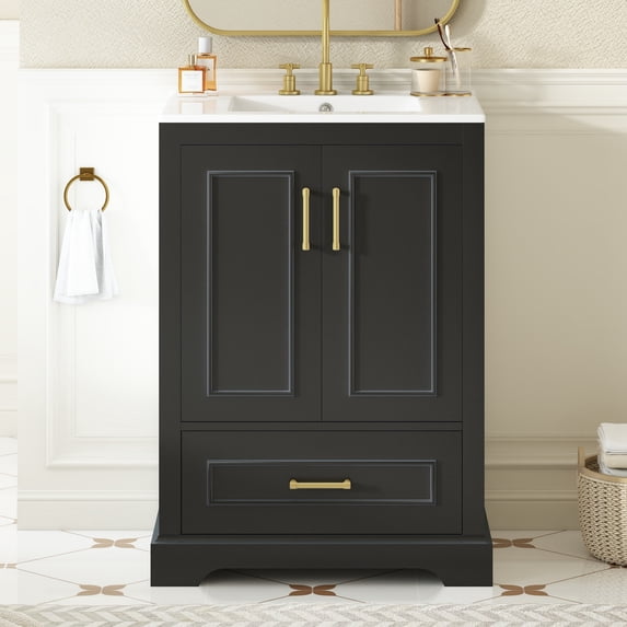 Euroco 24"Bathroom Vanity with Sink, MDF Cabinet with Solid Wood Frame, 1 Divided Drawer and 2 Soft Close Doors with Dual Door Storage Racks, Freestanding Vanity