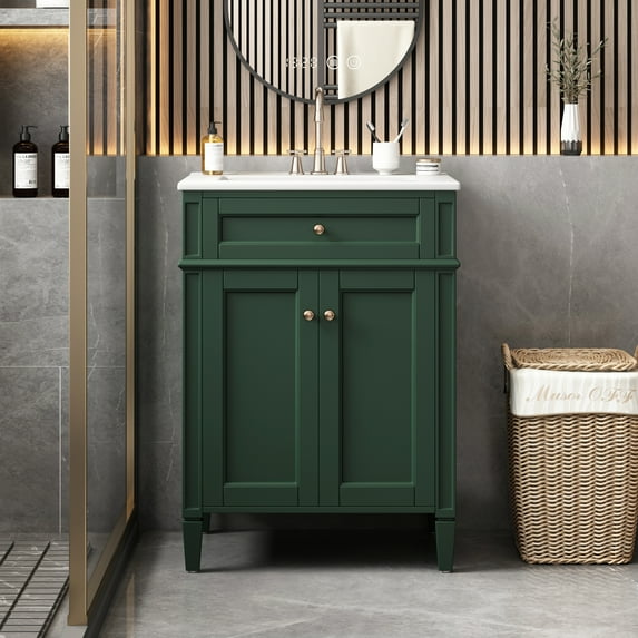 Euroco 24" Bathroom Vanity with 2 Doors and Tip-Out Drawer, Bathroom Storage Cabinet with Sink, Soft-Closing Doors with Organizers