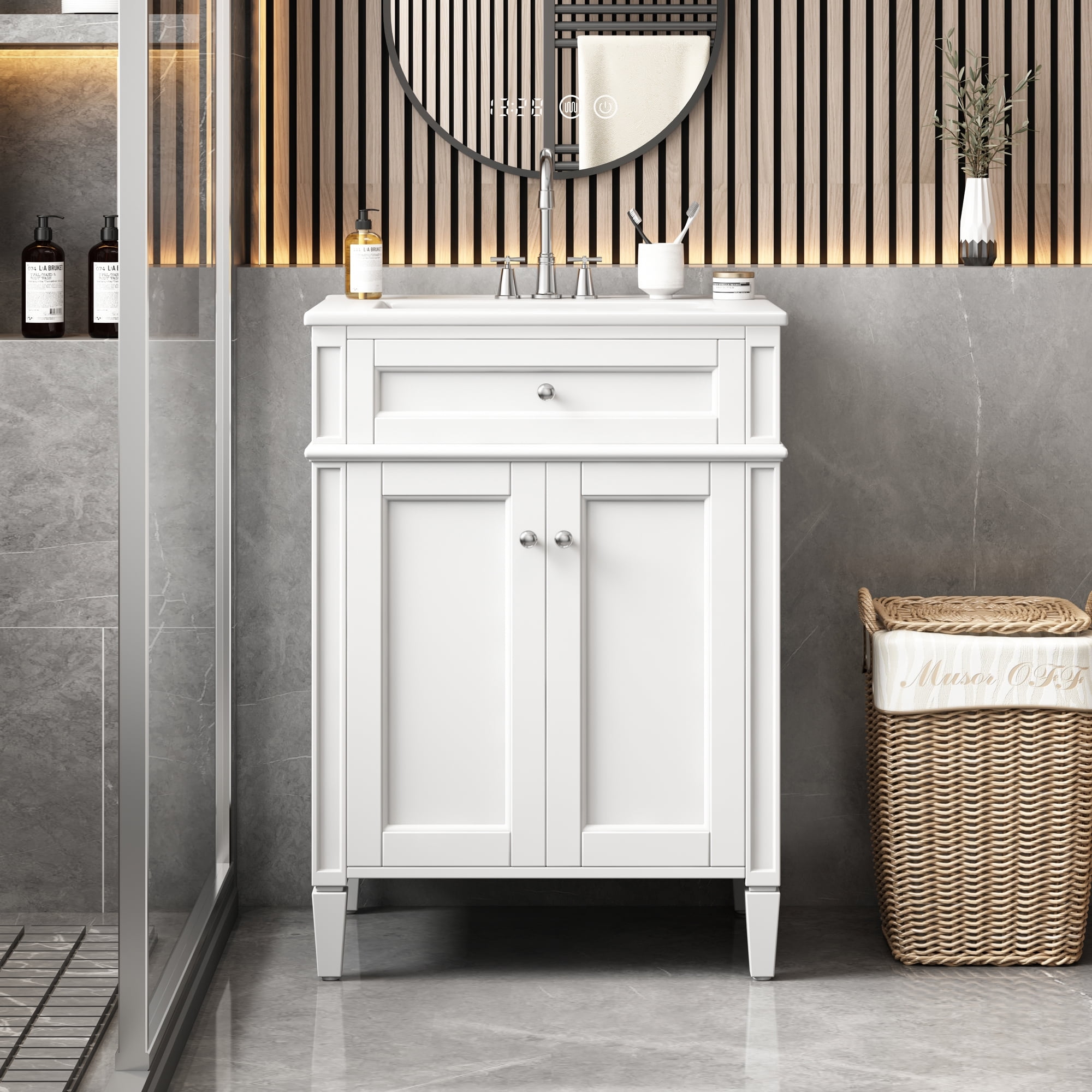 Euroco 24" Bathroom Vanity with 2 Doors and Tip-Out Drawer, Bathroom Storage Cabinet with Sink, Soft-Closing Doors with Organizers