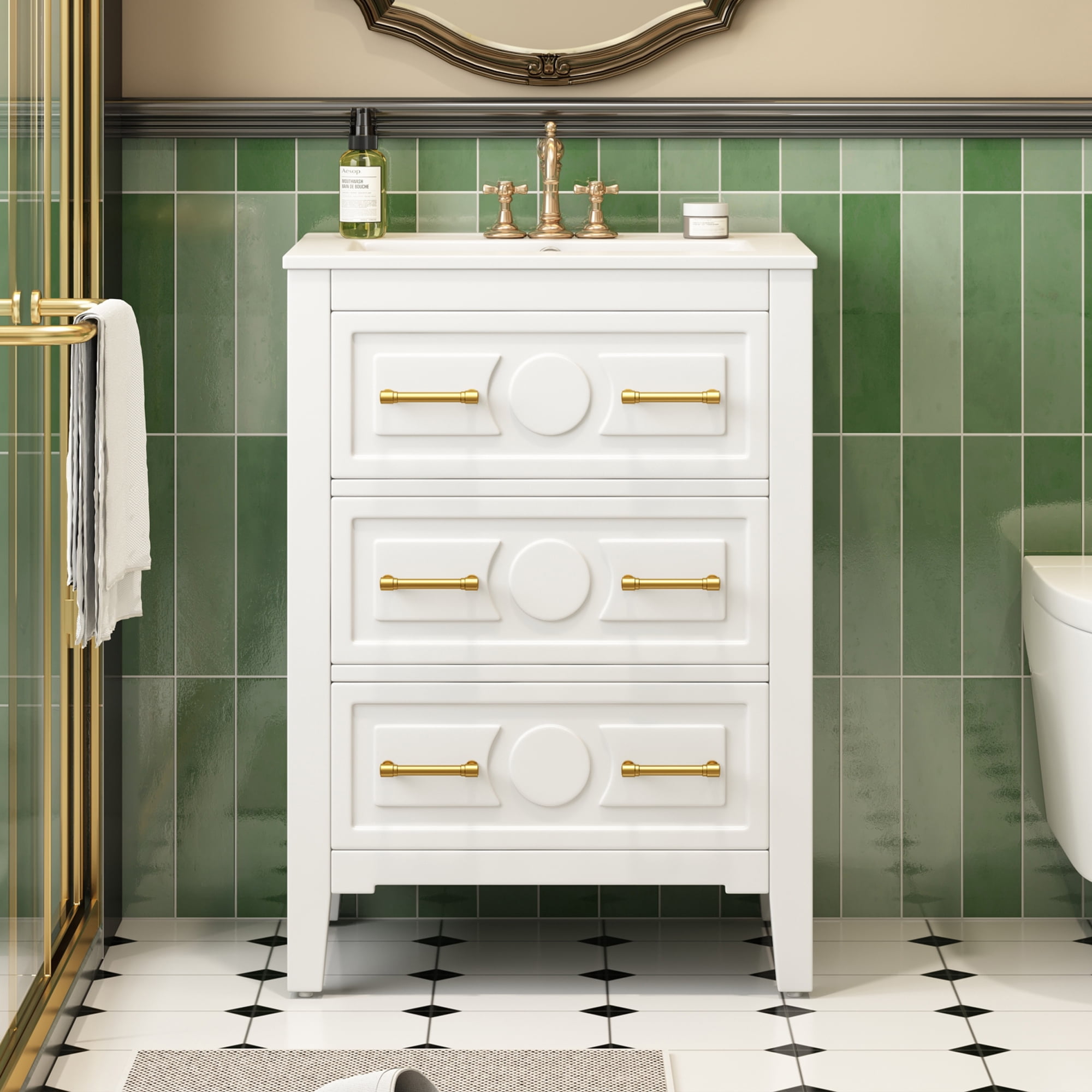 Euroco 24'' Bathroom Vanity with Ceramic Sink Combo, Free Standing Single Vanity Set with 3 Drawers, Solid Wood Frame Bathroom Storage Cabinet, White