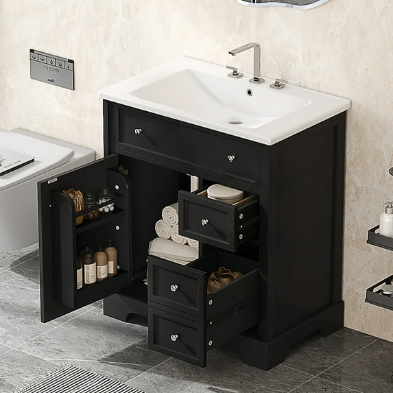 Euroco 24'' Bathroom Vanity with Ceramic Sink, Door Shelf, 2 Drawers and 1 Cabinet, Painted Finish, Solid Wood & MDF