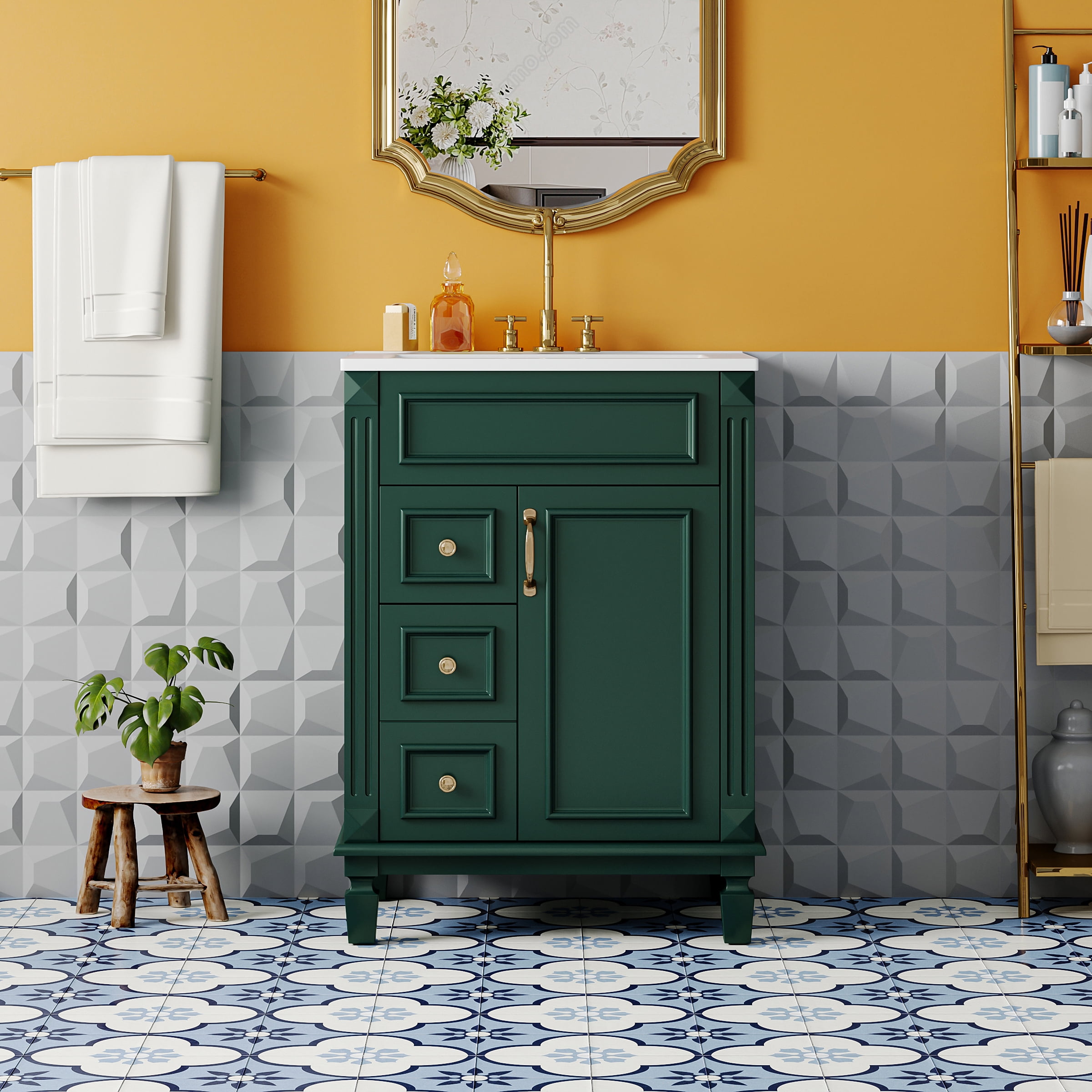 Euroco 24" Bathroom Vanity with Ceramic Sink, Small Bathroom Sink Cabinet, Modern Cabinet with 2 Drawers and Adjustable Shelf