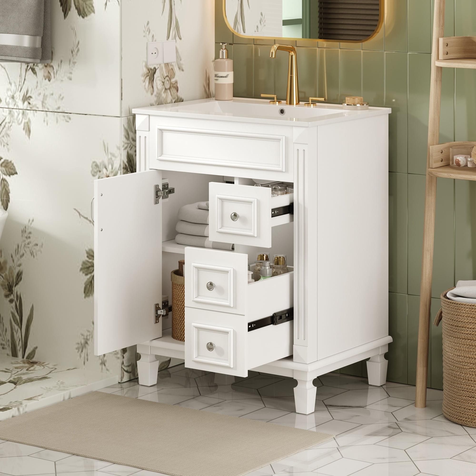 Euroco 24" Bathroom Vanity with Ceramic Sink, Small Bathroom Sink Cabinet, Modern Cabinet with 2 Drawers and Adjustable Shelf