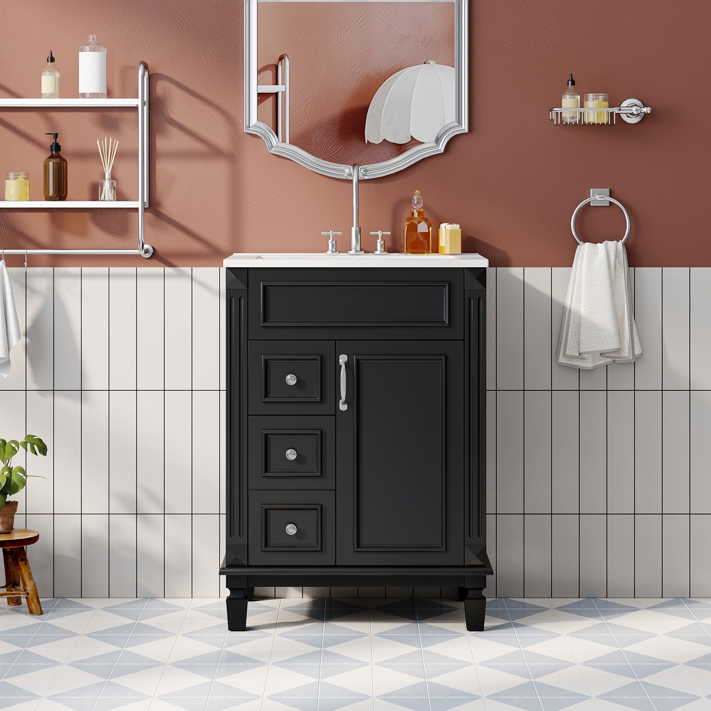Euroco 24" Bathroom Vanity with Ceramic Sink, Small Bathroom Sink Cabinet, Modern Cabinet with 2 Drawers and Adjustable Shelf