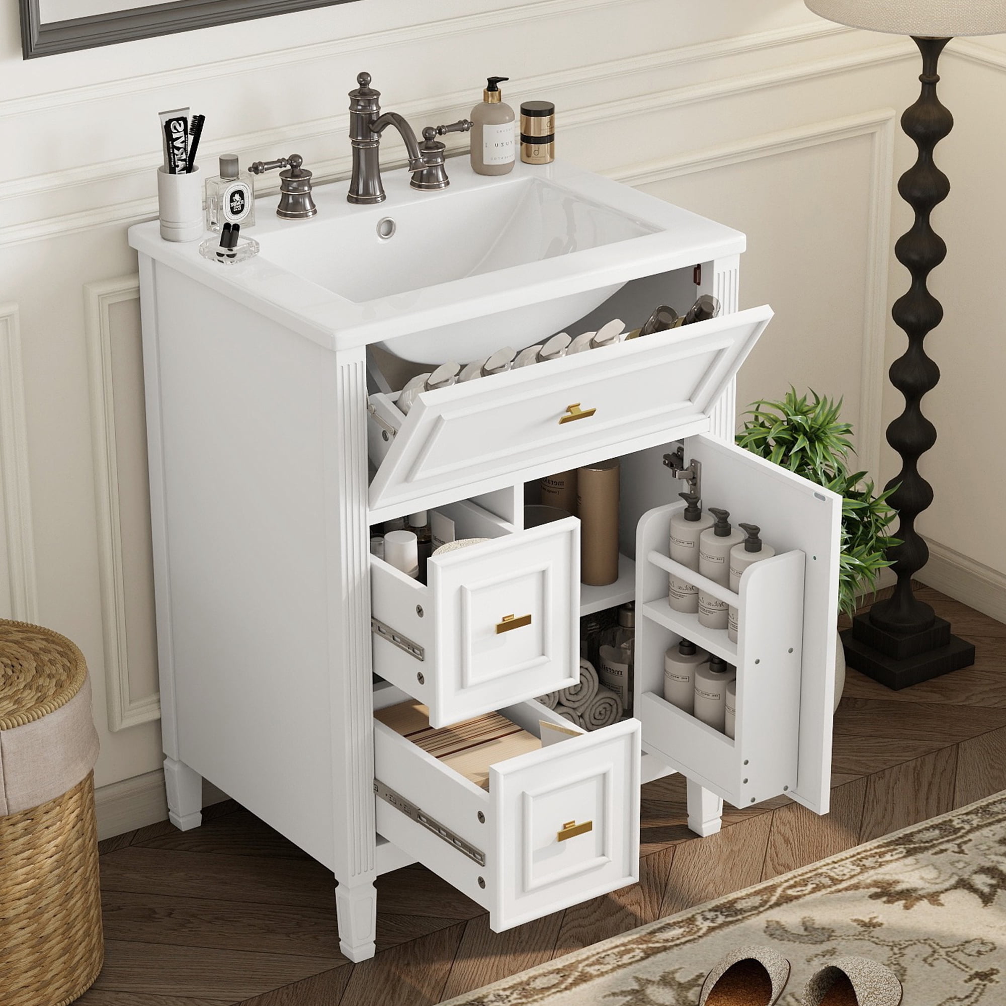 Euroco 24" Bathroom Vanity with Sink, Bathroom Vanity Cabinet with One Flip Drawer and Two Drawers, Adjustable Shelf, Solid Wood and MDF, White