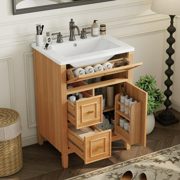 Euroco 24" Bathroom Vanity with Sink, Bathroom Vanity Cabinet with One Flip Drawer and Two Drawers, Adjustable Shelf, Solid Wood and MDF, Wood