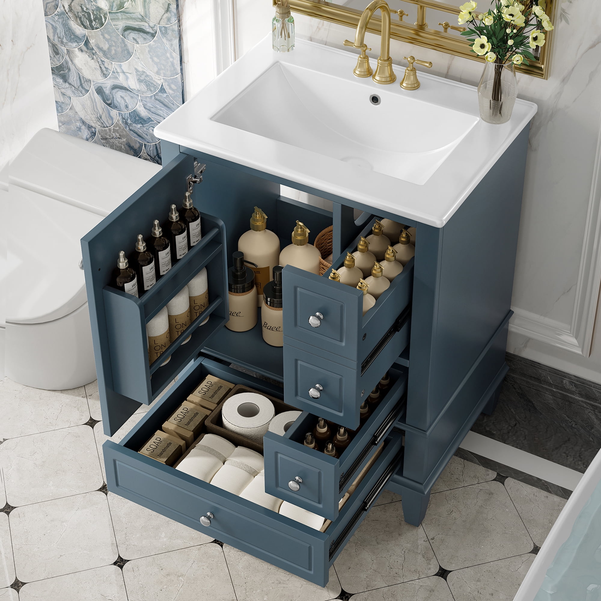 Euroco 24” Bathroom Vanity with Sink Combo, Freestanding Cabinet with 3 Drawers and Side Storage,MDF & Poplar Wood, Ceramic Top with Integrated Sink