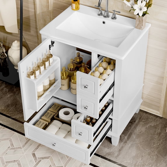 Euroco 24” Bathroom Vanity with Sink Combo, Freestanding Cabinet with 3 Drawers and Side Storage,MDF & Poplar Wood, Ceramic Top with Integrated Sink