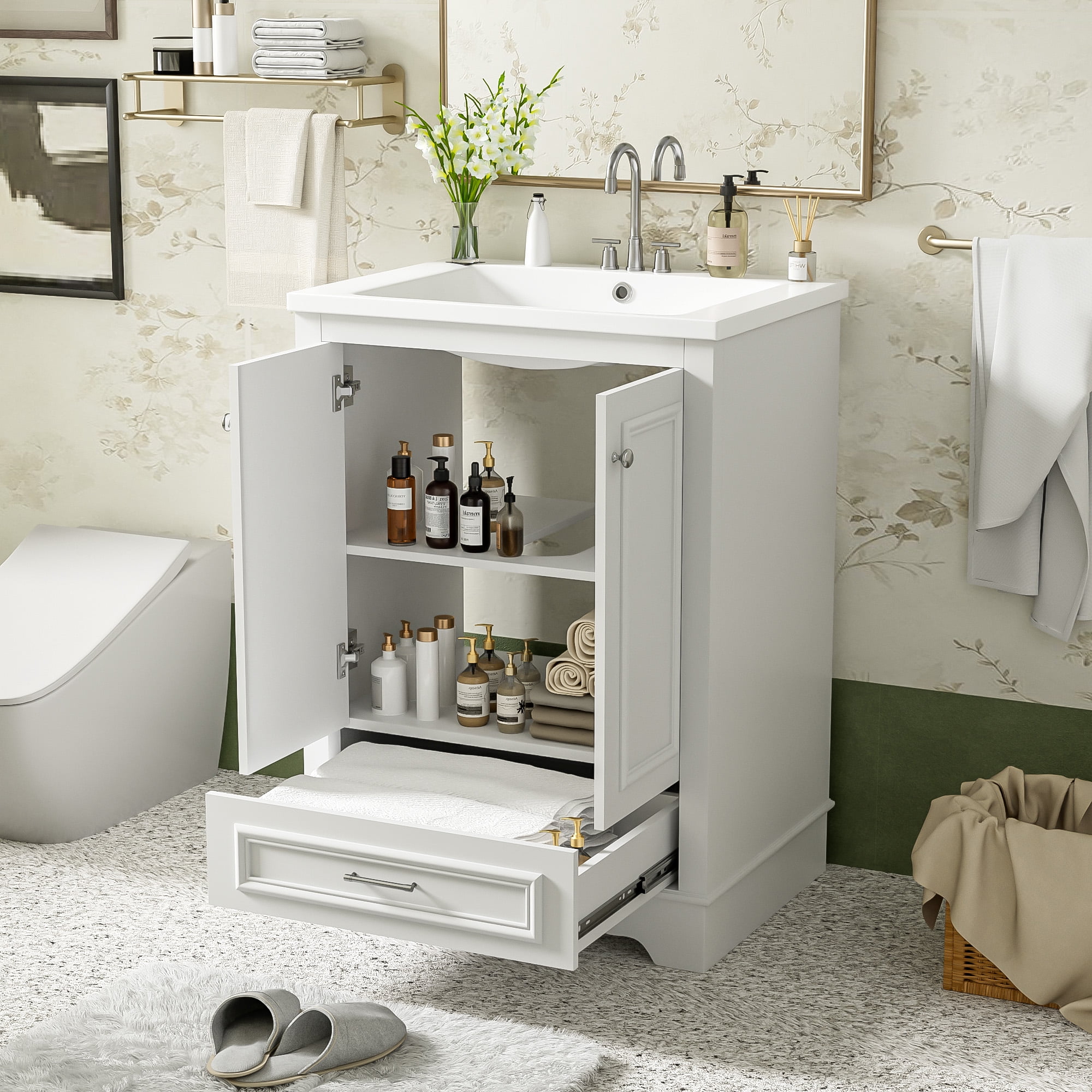 Euroco 24" Bathroom Vanity with Sink, Modern Bathroom Cabinet with Ceramic Basin & Adjustable Storage, Solid Wood Frame Vanity