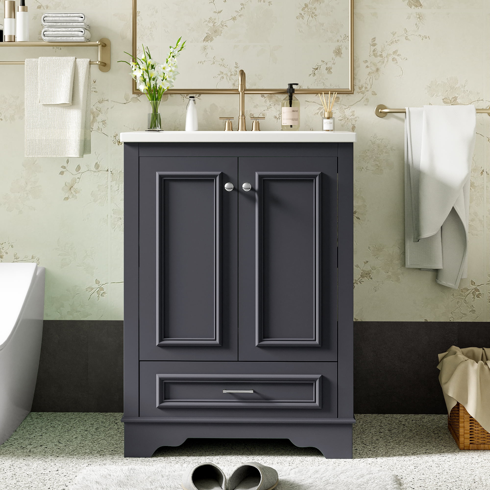 Euroco 24" Bathroom Vanity with Sink, Modern Bathroom Cabinet with Ceramic Basin & Adjustable Storage, Solid Wood Frame Vanity