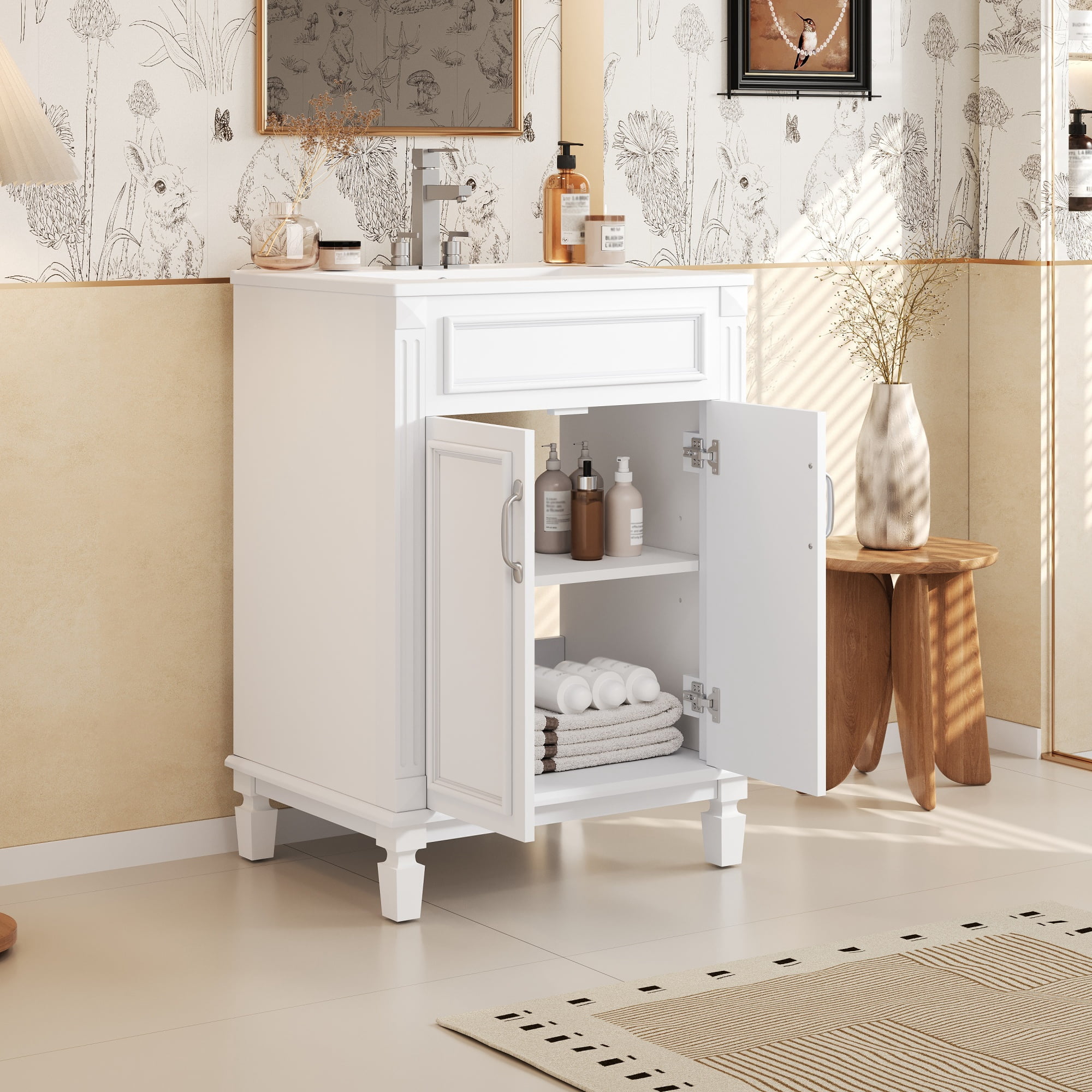 Euroco 24'' Bathroom Vanity with Top Sink, Modern Bathroom Storage Cabinet with 2 Soft-Closing Doors and Adjustable Shelf, Solid Wood Frame