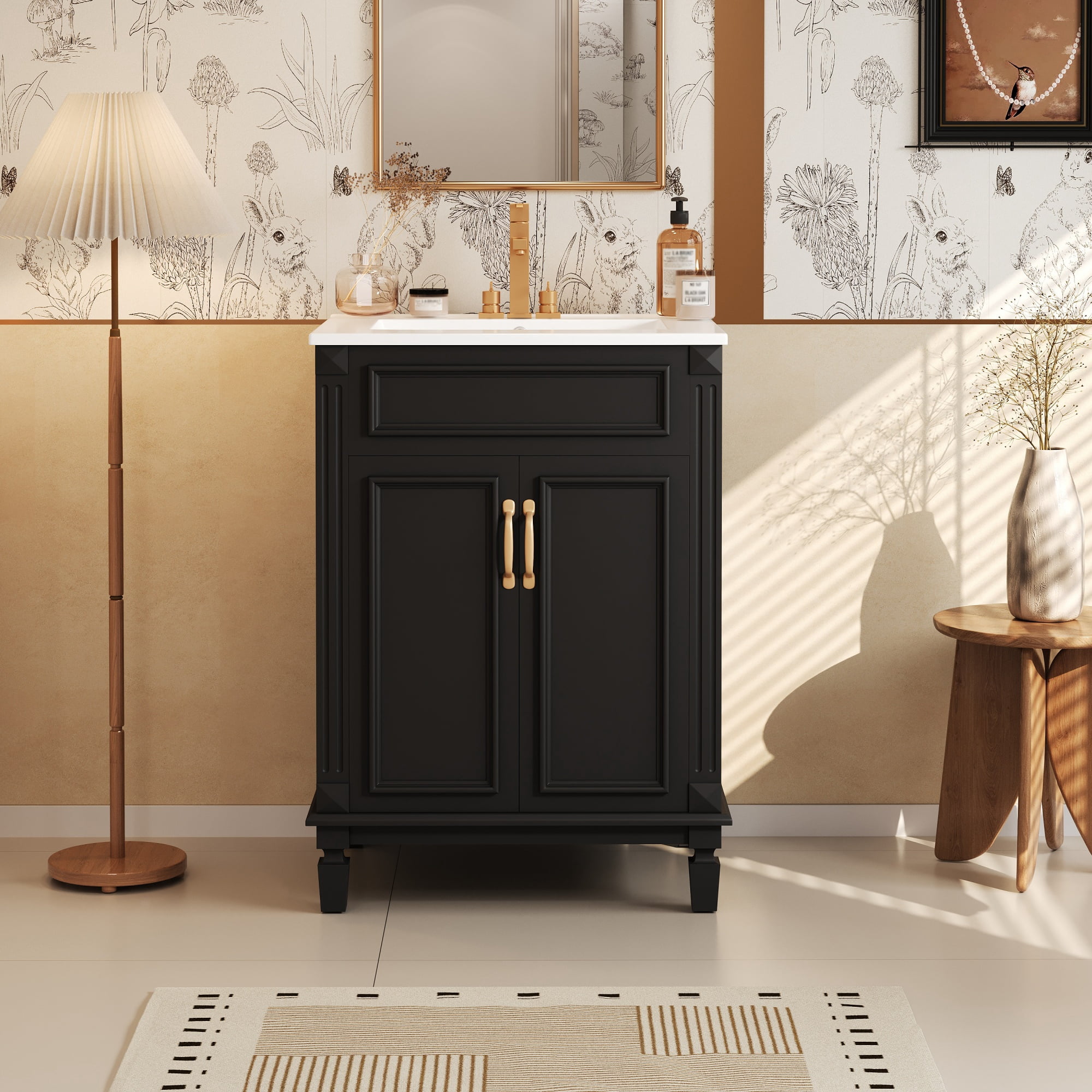 Euroco 24'' Bathroom Vanity with Top Sink, Modern Bathroom Storage Cabinet with 2 Soft-Closing Doors and Adjustable Shelf, Solid Wood Frame