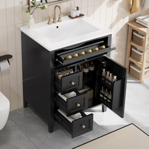 Euroco "24" Black Bathroom Vanity with Sink, MDF & Rubberwood Construction, 3 Drawers & Cabinet with Adjustable Shelves, Modern Design for Small to Medium Bathrooms"