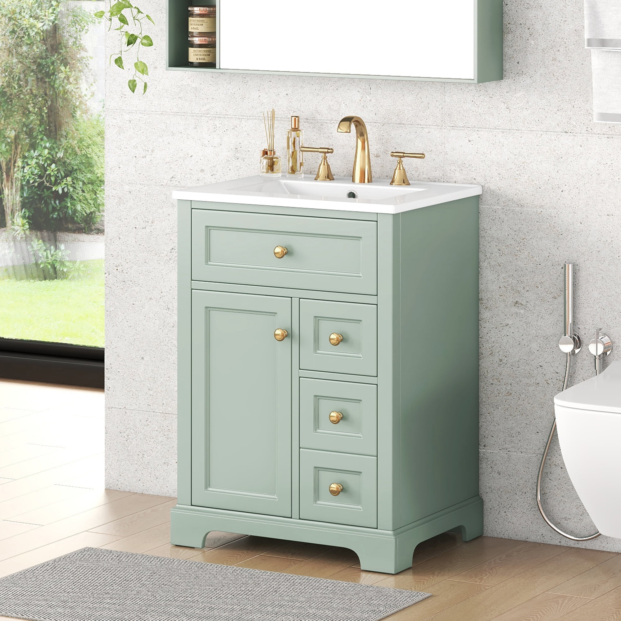 Euroco "24'' Green Bathroom Vanity with Sink, MDF & Pinewood Construction, 3 Drawers & Cabinet with 2-Tier Door Storage Rack, Soft-Close Door & Drawers, Modern Design