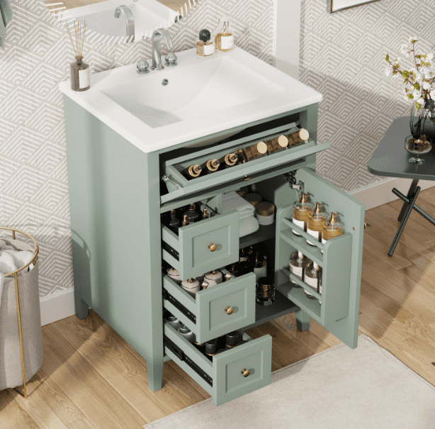Euroco "24" Green Bathroom Vanity with Sink, MDF & Rubberwood Construction, 3 Drawers & Cabinet with Adjustable Shelves, Modern Design for Small to Medium Bathrooms"